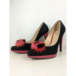 Casadei heels black pink suede ultra high sexy platform fur pompom sz 7